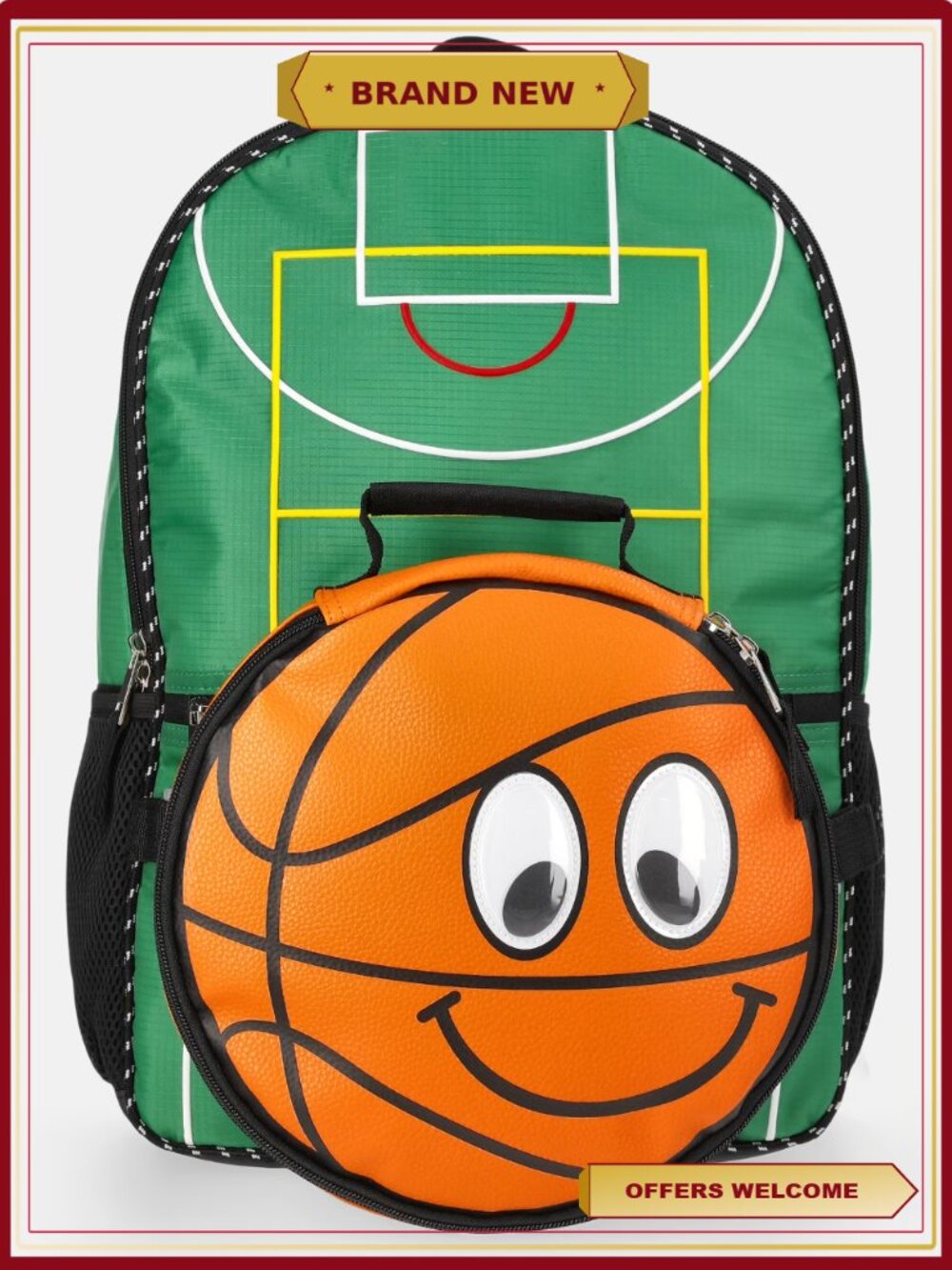 Boys Basketball Backpack Lunch Set 17 Inch Insulated Laptop Sleeve